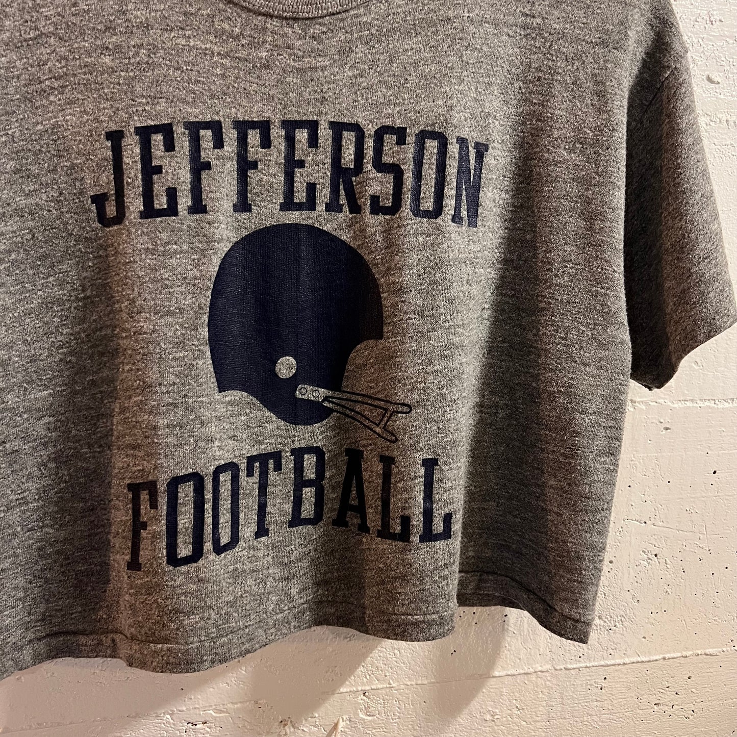 Vintage 80’s Russell Athletic Jefferson Football Cropped Baby Single Stitch T-Shirt - Size Large - Made In USA - Heather Grey/Navyi