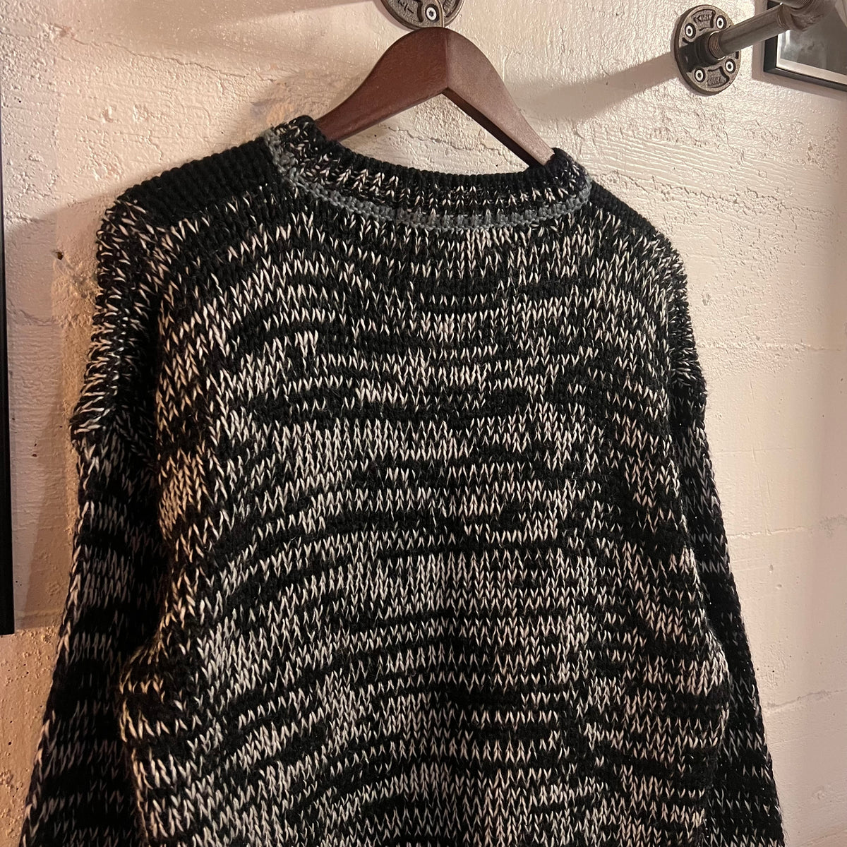 Vintage 80’s/90’s Le Tigré Heavyweight Acrylic Abstract Geometric Panel Knitted Sweater - Size Medium - Black/Blueish Grey/White