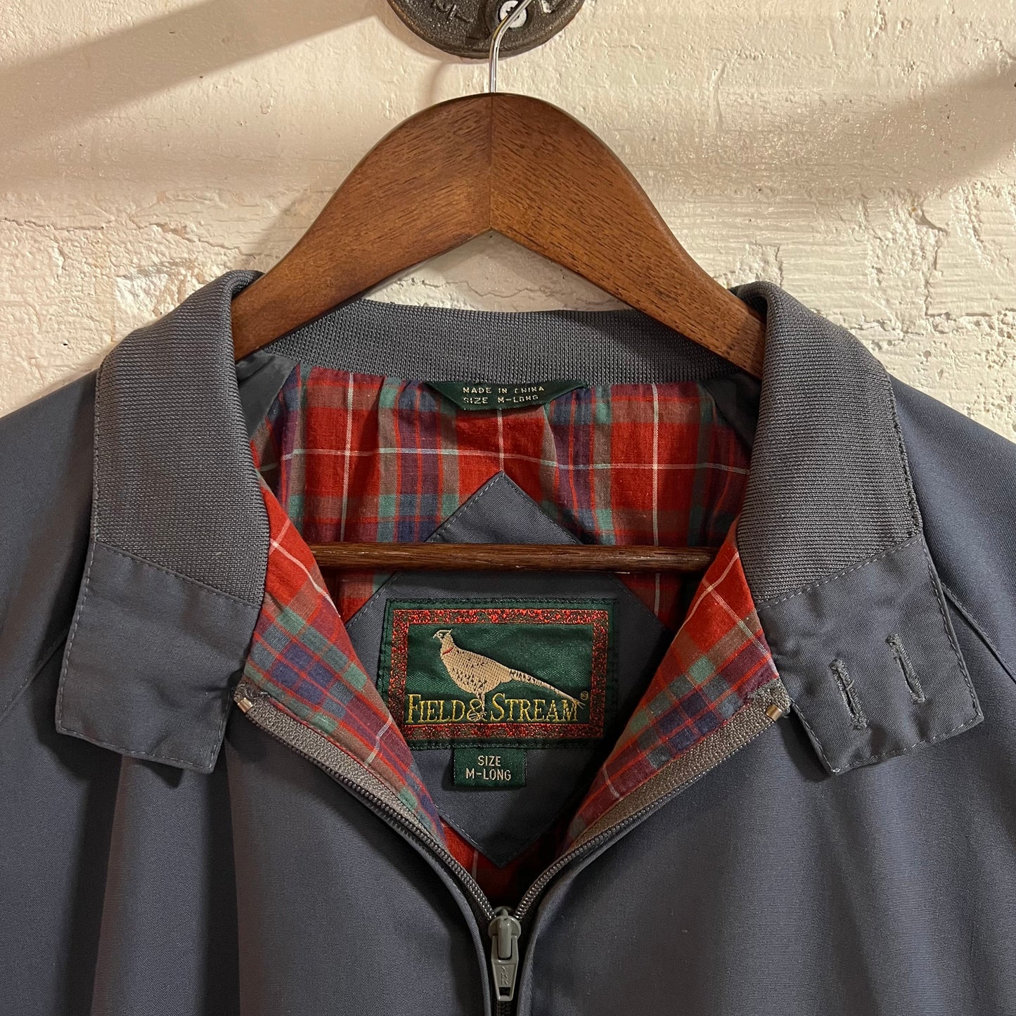 Vintage 90’s Field & Stream Plaid Lined Chip Strap Raglan Harrington Jacket - Size Medium Long - Red Plaid/Grayish Blue