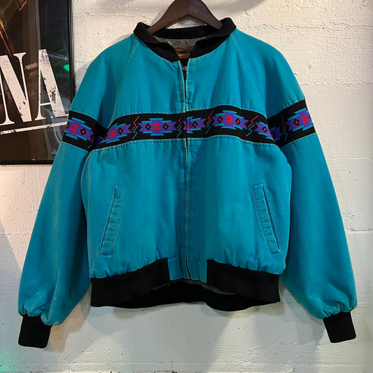 Vintage David James Aztec Blanket Lined Canvas Bomber Jacket - Size Large - Made In USA - Turquoise/Black