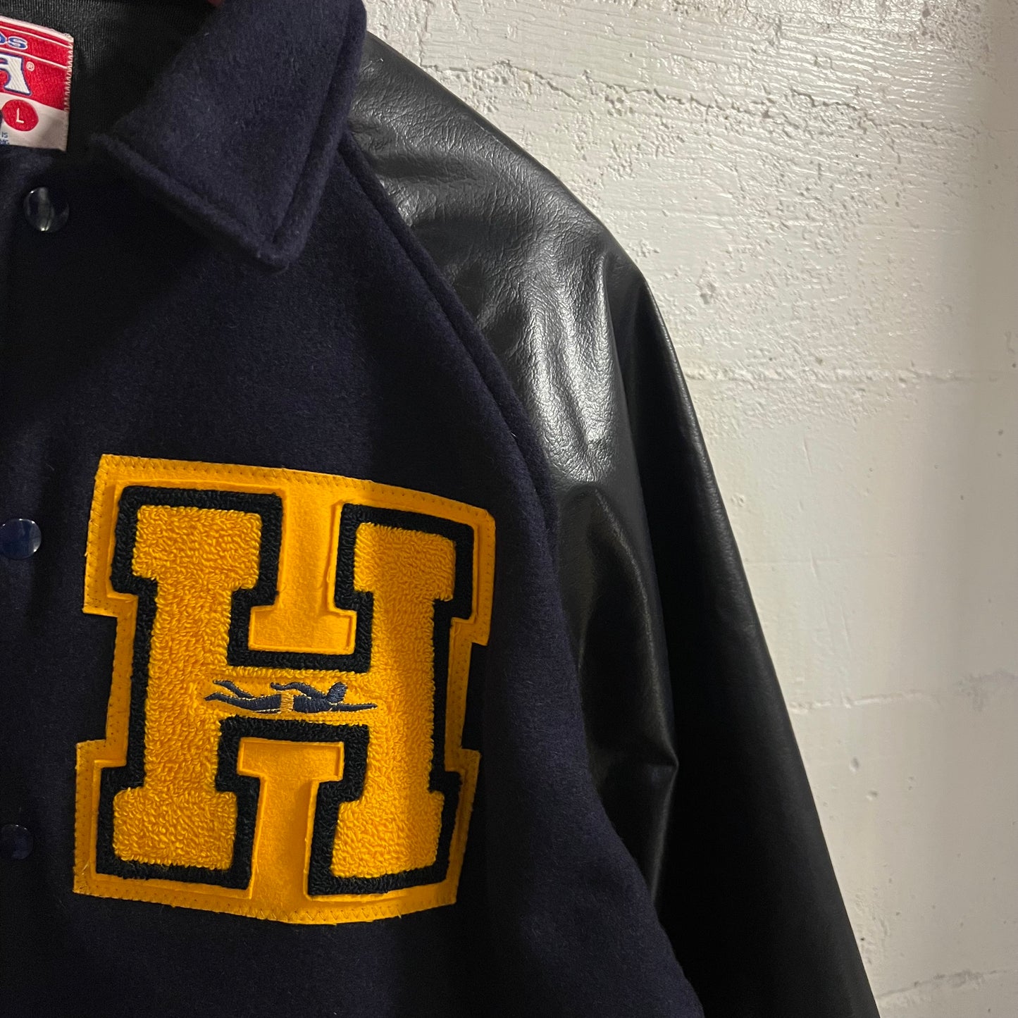 Vintage 1970's Awards USA Naugalite Wool Varsity Jacket - Size Large - Made In USA - Navy/Gold