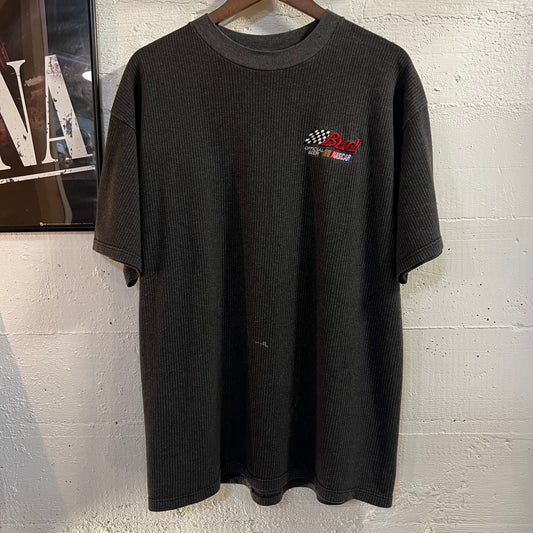 Vintage 90’s Embroidered Budweiser NASCAR Striped T-Shirt - Size XL - Made In USA - Grey/Black