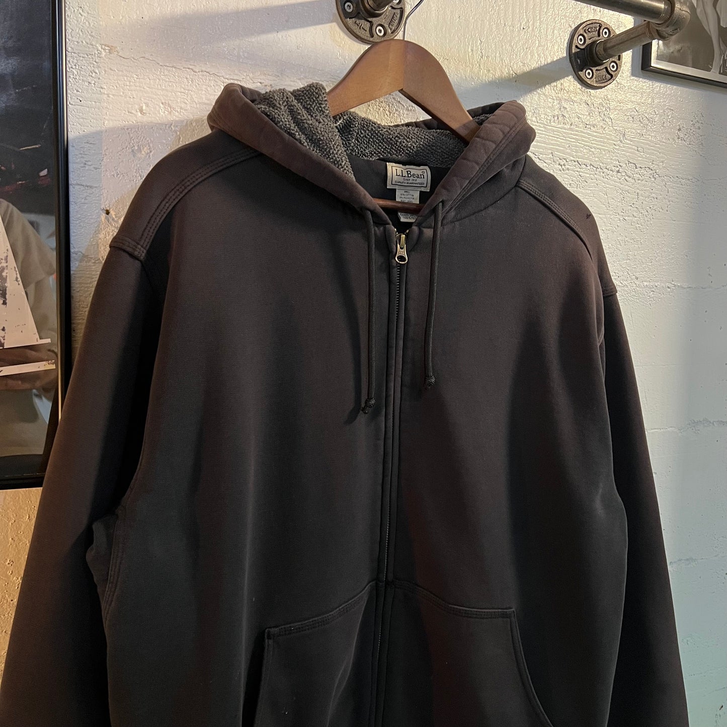 Vintage L.L.Bean Heavyweight Thermal Lined Zip Up Hoodie Sweatshirt - Size Large - Faded Black