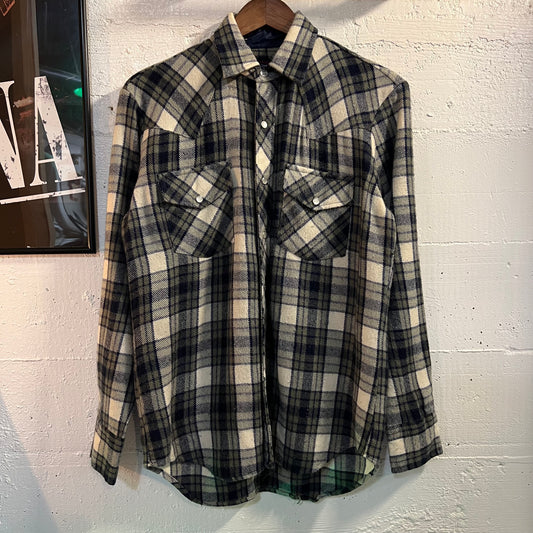 Vintage Country Touch Plaid Flannel Pearl Snap Shirt - Size Small - Navy/Gray/White