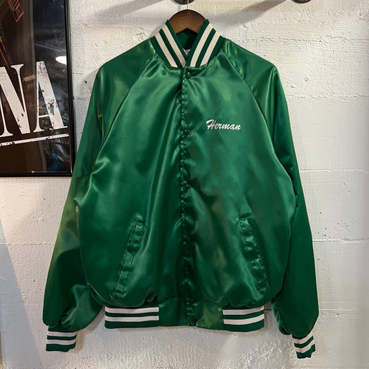 Vintage Westark Longview County Fair Satin Bomber Jacket - Size Large - Made In USA - Kelly Green/White