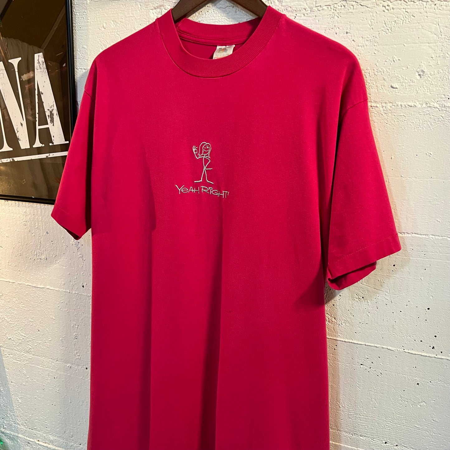 Vintage 90's Embroidered Stick World 'Yeah Right' Girl Single Stitch T-Shirt - Size XL - Made In USA - Pink/Baby Blue