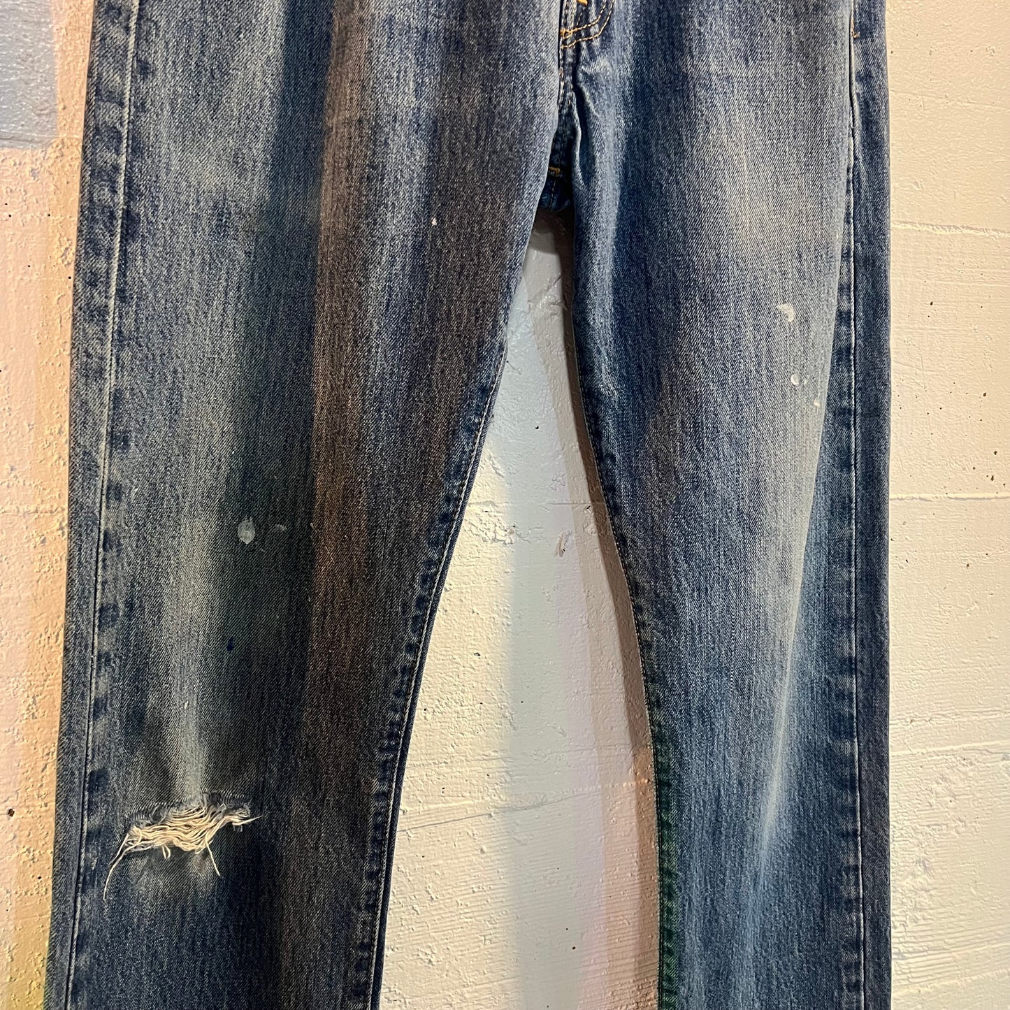 Distressed Levi's 501 Medium Stonewash Denim Jean - Size 32"x34" - Light Blue Indigo