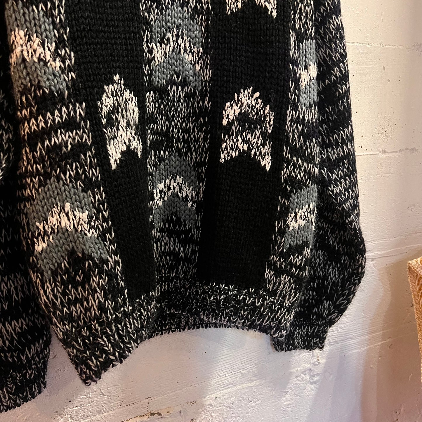 Vintage 80’s/90’s Le Tigré Heavyweight Acrylic Abstract Geometric Panel Knitted Sweater - Size Medium - Black/Blueish Grey/White