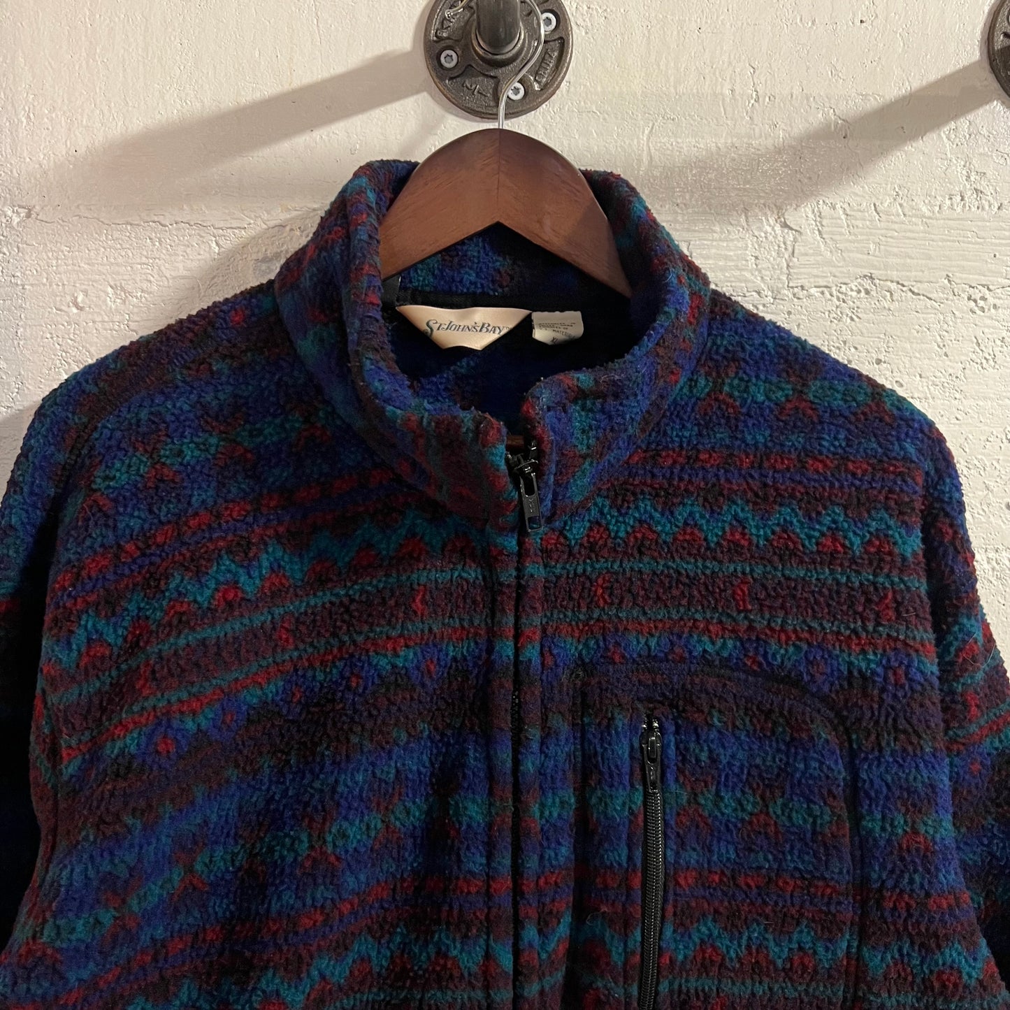 Vintage 90’s St. John’s Bay Full-Zip Aztec Patterned Fleece Jacket - Size XL - Blue/Turquoise/Red/Black