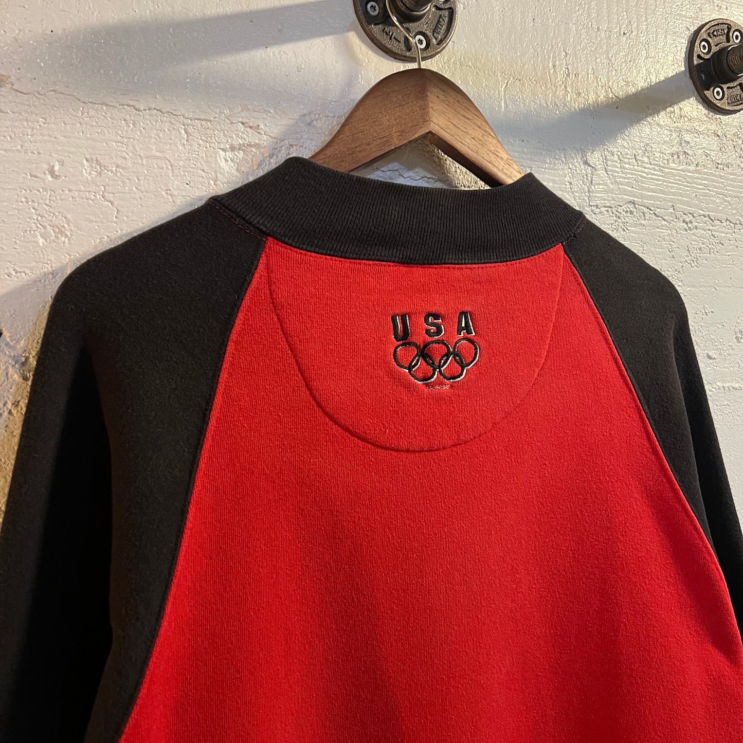 Vintage Embroidered Champion Olympic Zippered Crewneck Sweatshirt - Size Large - Made In USA - Black/Red