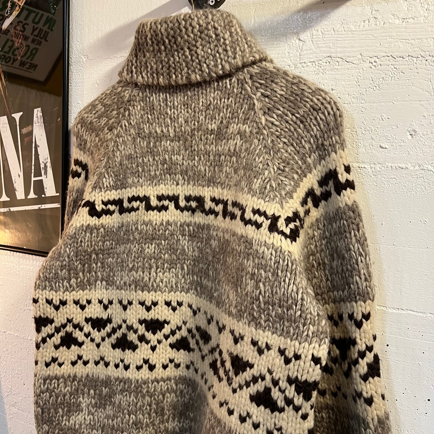 Vintage 60's Cowichan Intarsia Heavy Knit Wool Sweater Acme Zipper - Size Large - Made In USA - 100% Wool