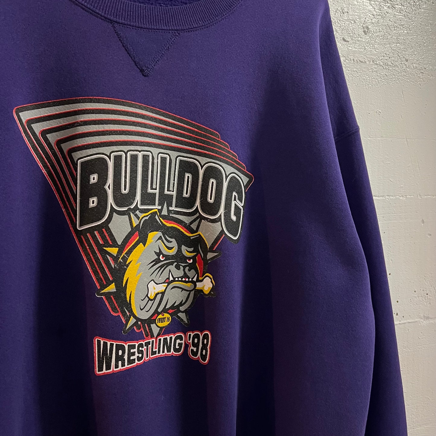 Vintage 1998 Russell Athletic Bulldog Wrestling Crewneck Sweatshirt - Size 2XL - Made In USA - Purple/Multi