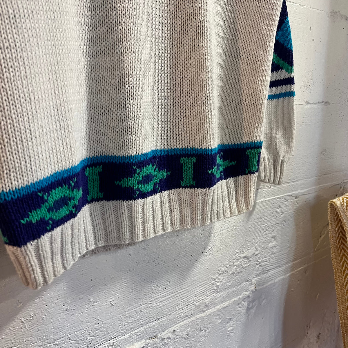 Vintage Handmade By Susann D. Southwestern Knitted Sweater - Size Small - White/Blue/Turquoise/Green
