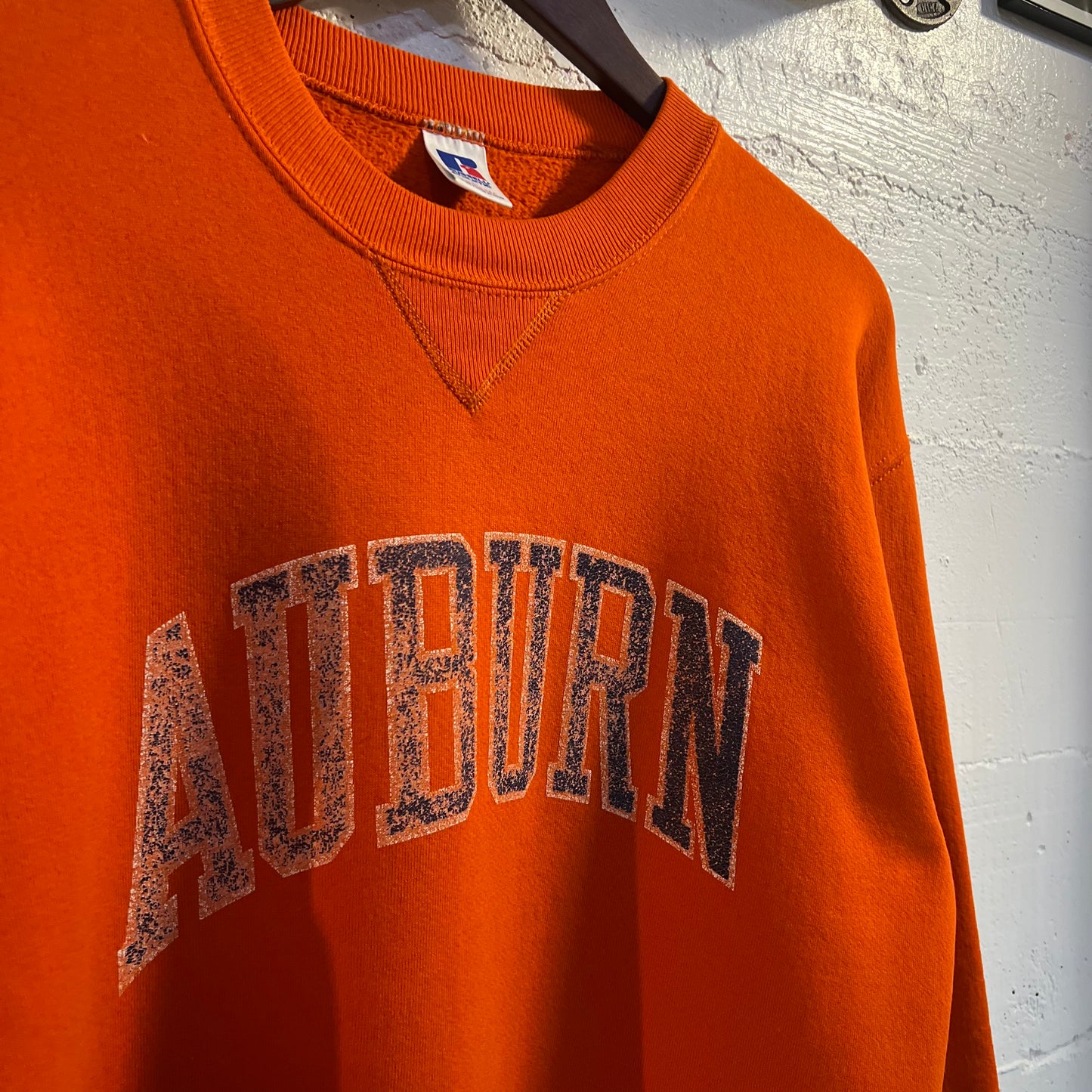Vintage 1980's Auburn University Russell Athletic Distressed Crewneck Sweatshirt - Size Large - Made in USA - Orange/Navy