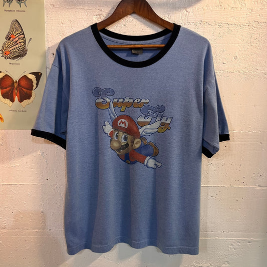 Vintage Y2K Super Mario 'Super Fly' Ringer T-Shirt - Size Large - Made In USA - Blue