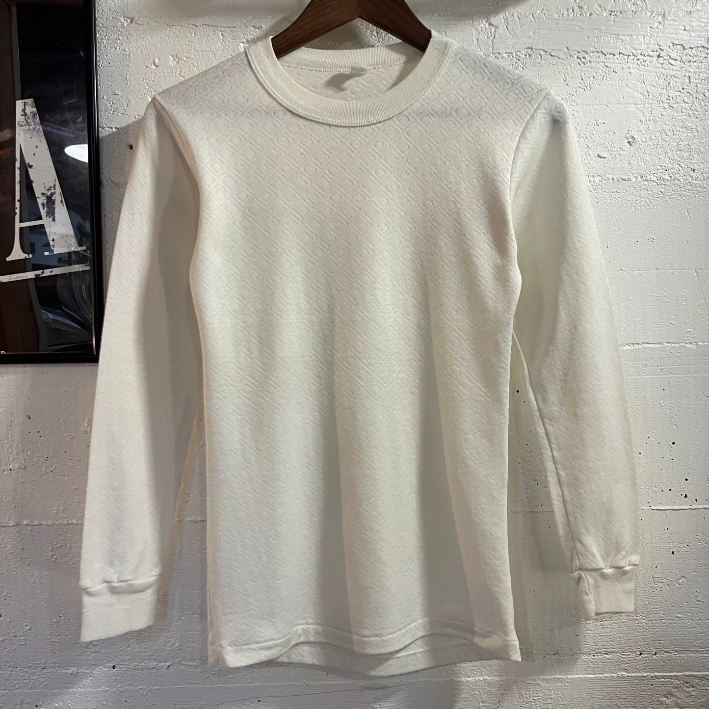 Vintage 1970’s Lollipop Diamond Raschel Knit Long Sleeve Thermal Shirt - Size Medium - Made In USA - White