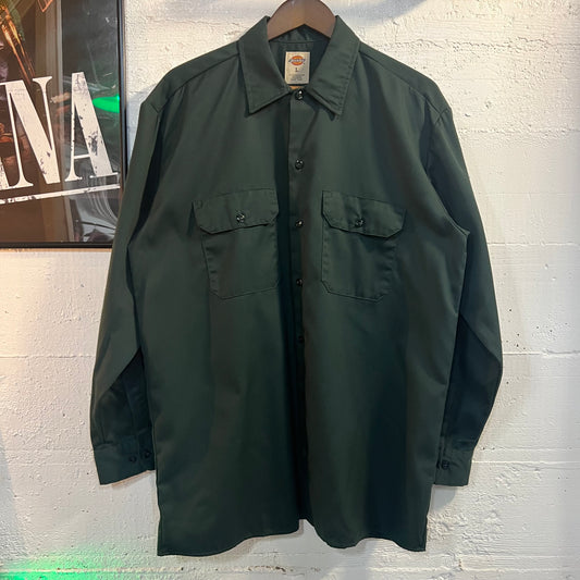 Vintage Dickies Chain Stitch Embroidered Work Shirt - Size Large - Hunter Green