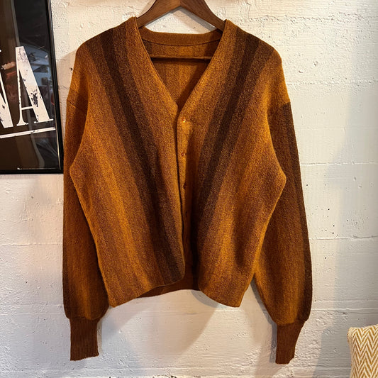 True Vintage Unbranded Wool Mohair Style Vertical Striped Cardigan Sweater - Size Medium/Large - Ombré Mustard Yellow/Brown
