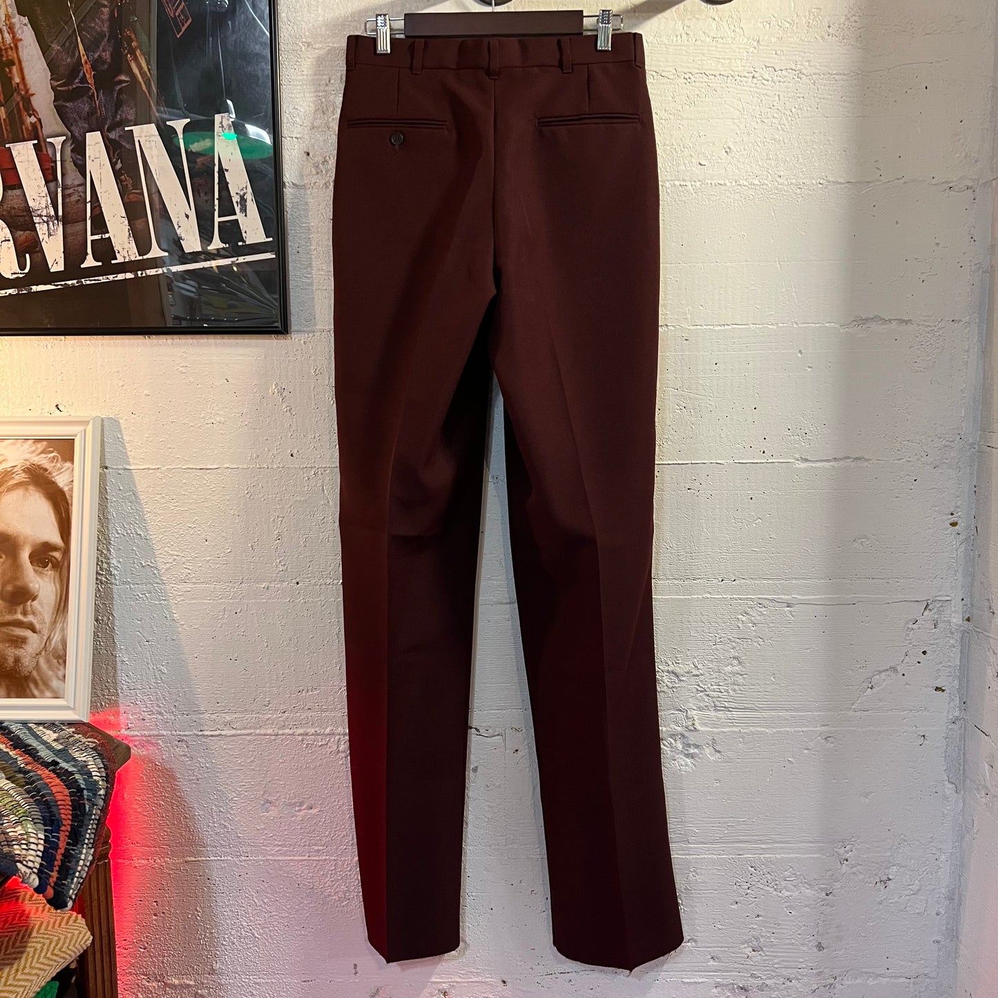 Vintage Pleated Loose Fit Straight Leg Dacron Unhemmed Trousers - Size 30" - Maroon
