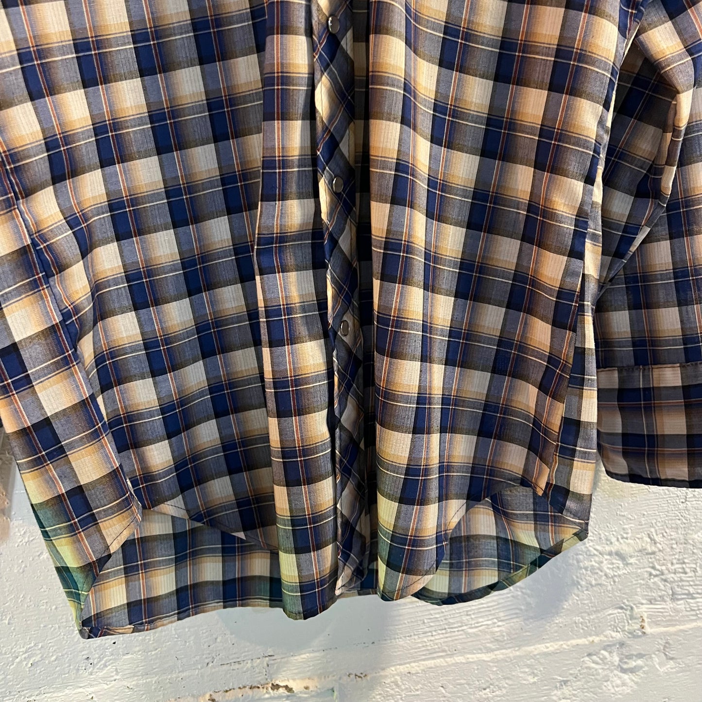 True Vintage 60's - 70's Sears Western Wear Plaid Pearl Snap Flannel - Size Medium - Made In USA - Blue/White/Yellow/Orange