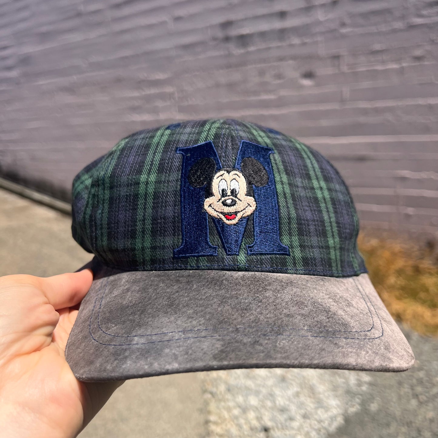 Vintage Mickey Mouse 'M' Disney Plaid Suede Bill Snapback Hat - OSFA - Blue/Green/Black