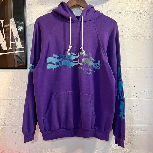 Vintage Distressed 80’s ‘Victory For Whales, USA’ Raglan Hoodie Sweatshirt - Size Large - Made In USA - Purple/Blue