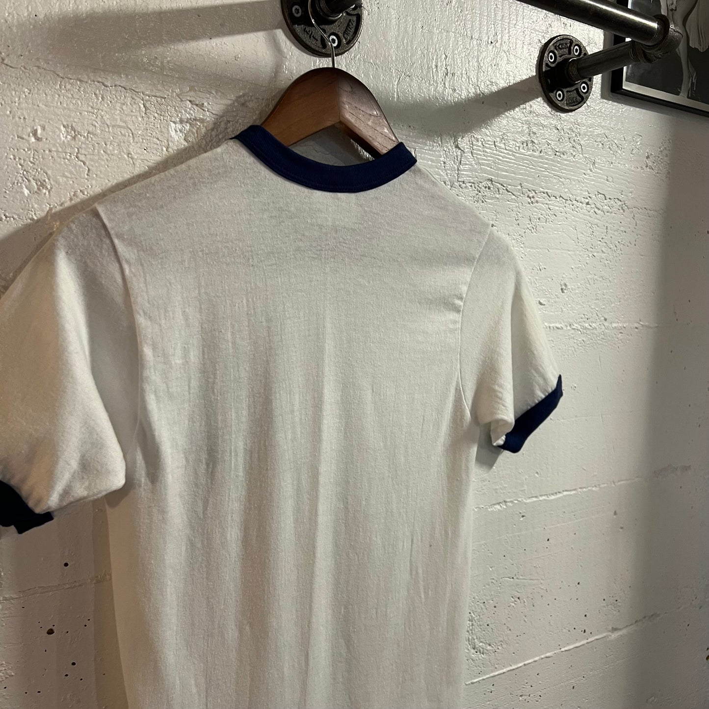 Vintage 80’s Evan’s Creek Camp Single Stitch Ringer Baby T-Shirt - Size Small - Made In USA - White/Navy
