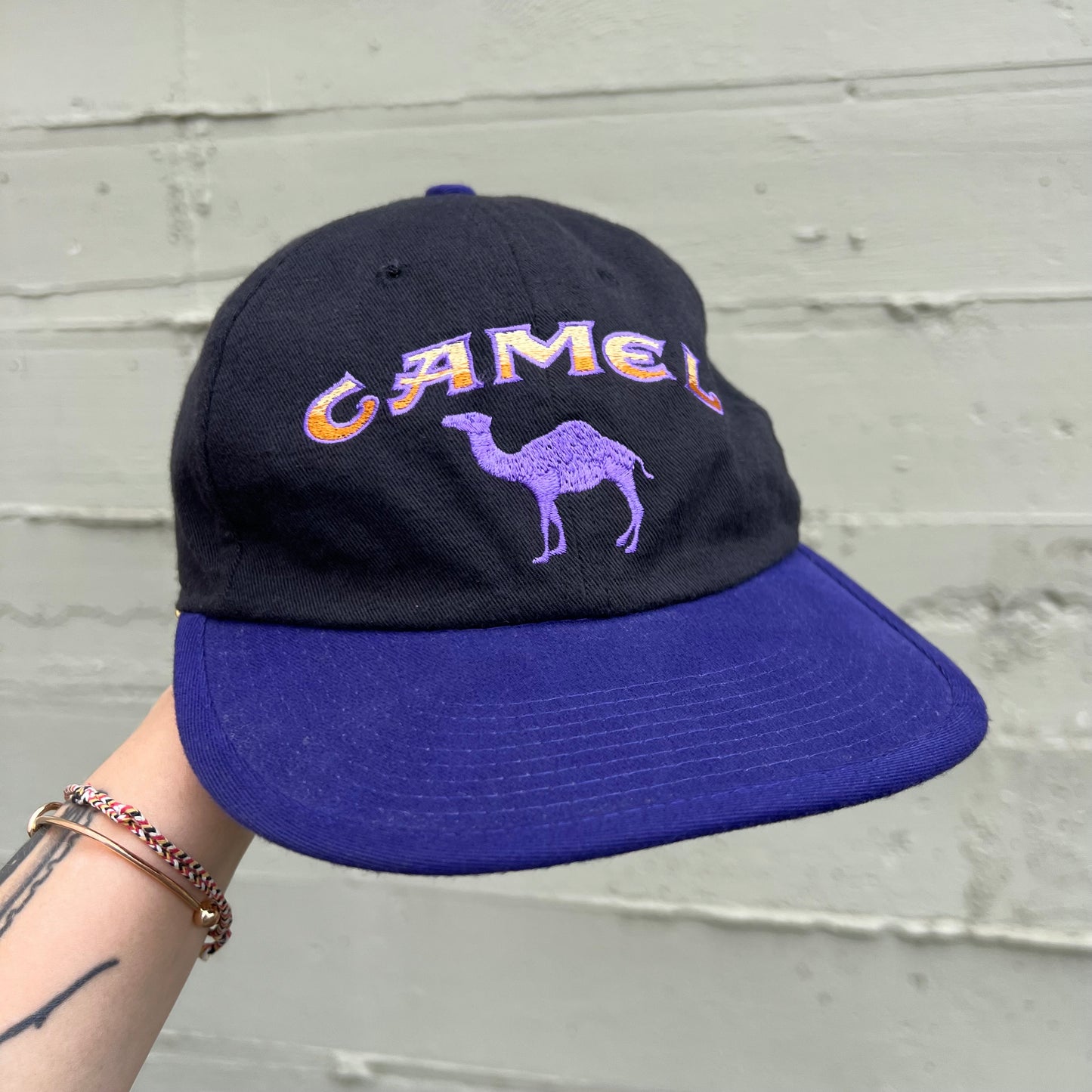 Vintage 90's Smokin Joe Camel Racing Reversible Strapback Hat - O/S - Black/Purple/Yellow