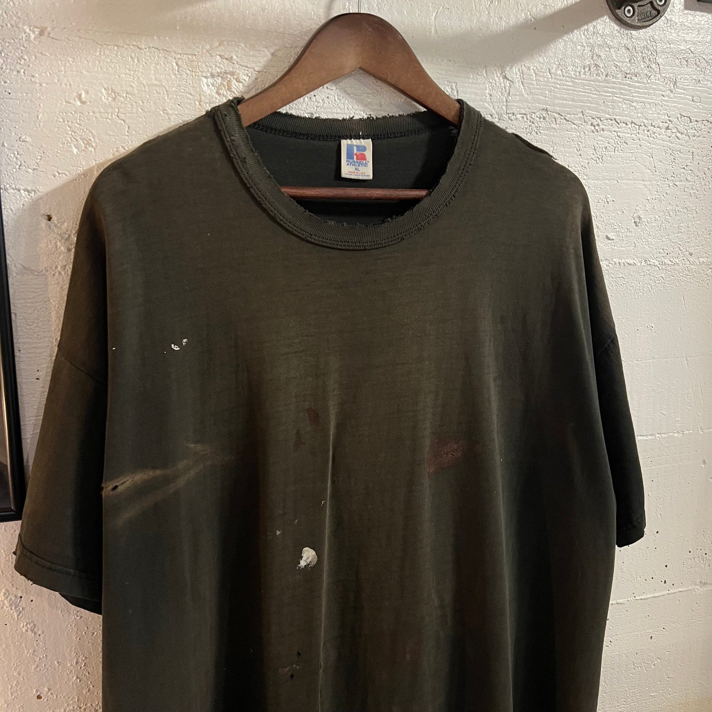 Vintage 90's Exceptionally Distressed Russell Athletic Blank T-Shirt - Size XL - Made In USA - Faded Black