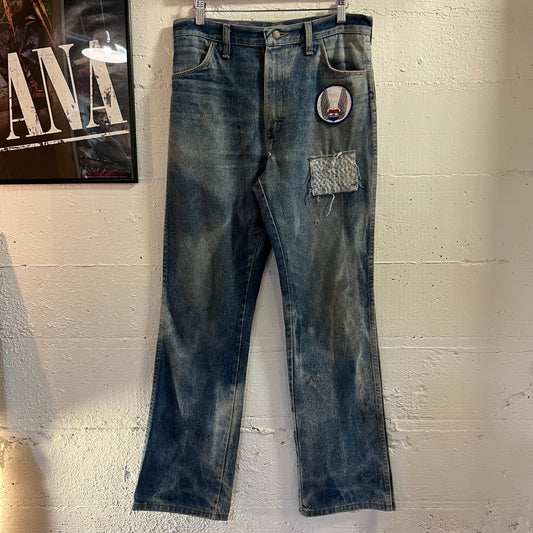 Vintage 70's/80's Rustler Faded Distressed Patch Denim Jeans - Size 32" x 32" - Made In USA - 87620 - Light Faded Indigo