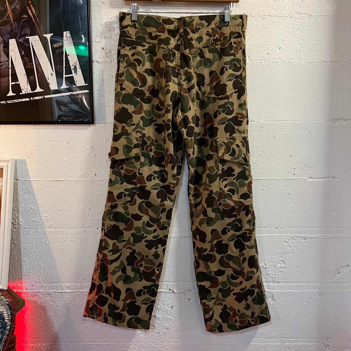 Vintage Duck Camo Cargo Hunting Field Pants - Size 30"/28" - Made In USA - Olive/Brown/Camo