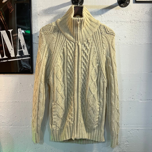 Vintage Cable Knit Zip-Up Fisherman Sweater - Size Medium - Cream White