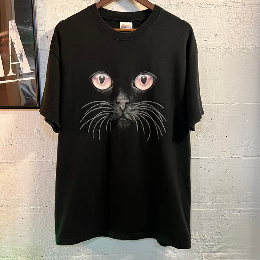 Vintage Cat Face T-Shirt - Size Large - Black