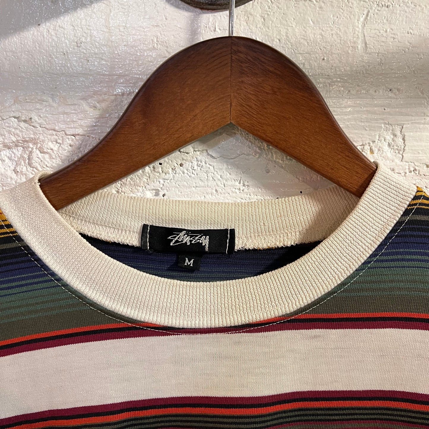 Vintage 80's Stüssy Embroidered Crown Striped Tom Tom Pocket T-Shirt
 - Size Medium - Made In USA