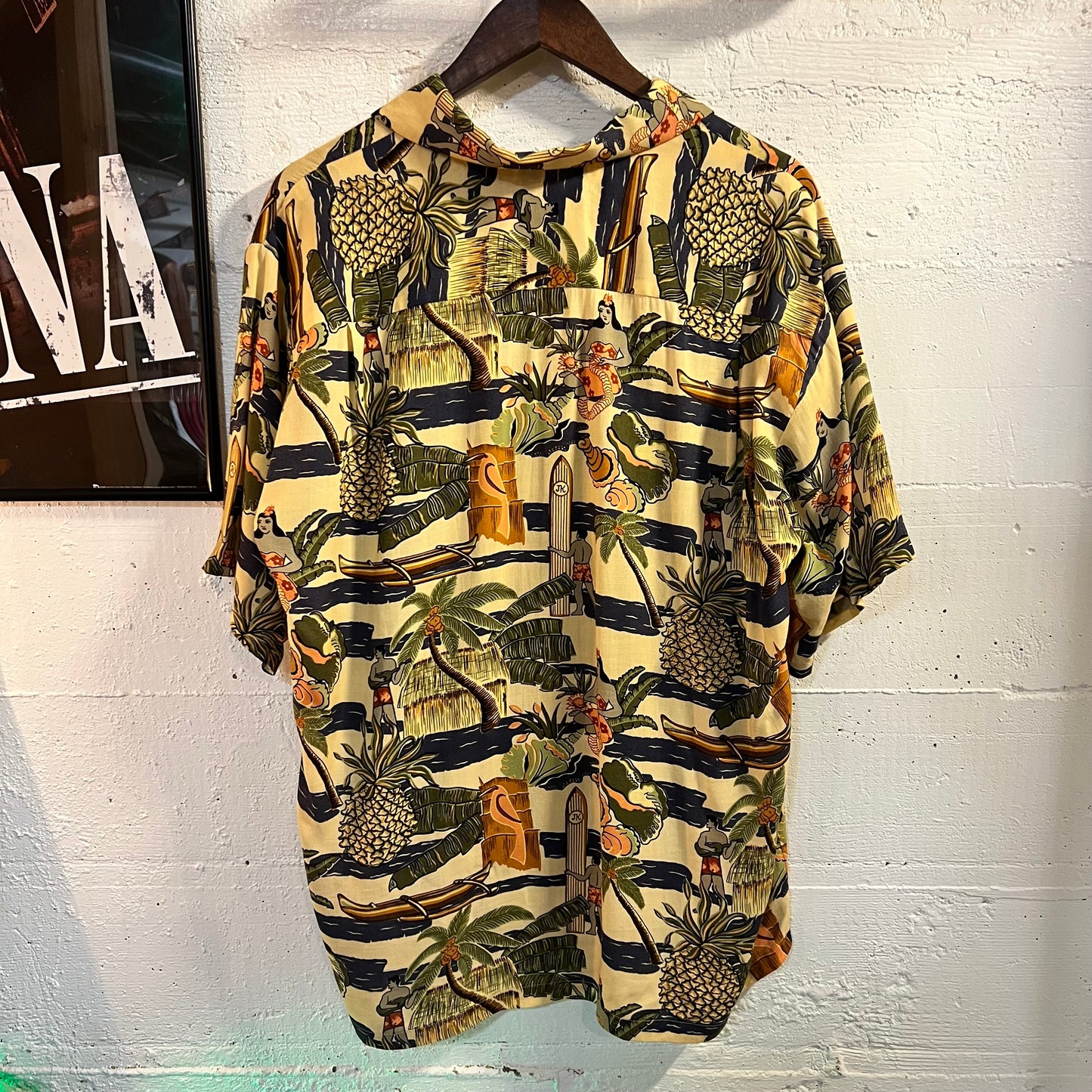 Vintage Joe Kealoha Hula Girl Surfer Rayon Aloha Shirt - Size Medium - Made In USA - 100% Rayon