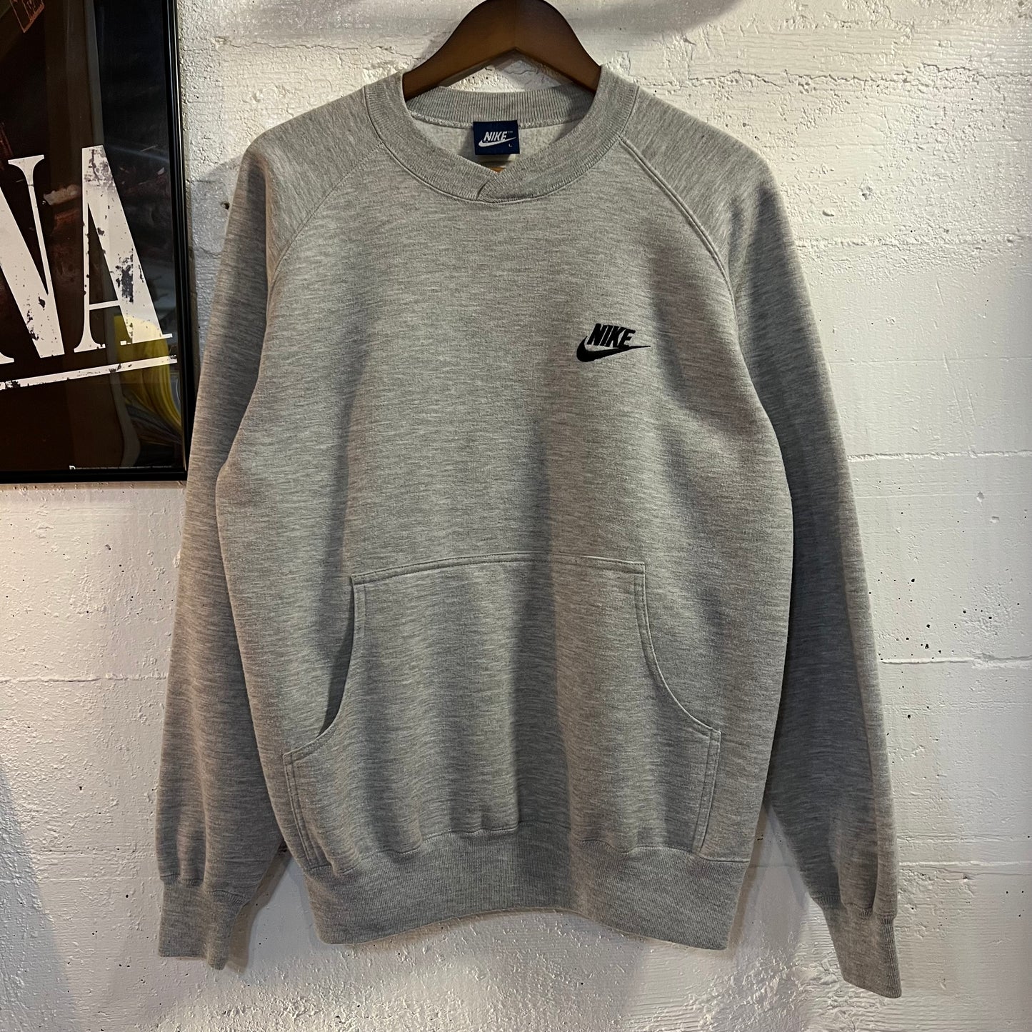 Vintage 80’s Embroidered Nike Raglan Crewneck W/ Kangaroo Pocket - Size Large - Heather Grey