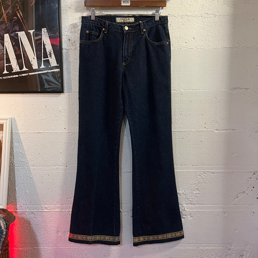 Vintage 90's Paris Blues Dark Blue Indigo Flared Denim  Applique Jeans -Size 7 (28") - Made In USA