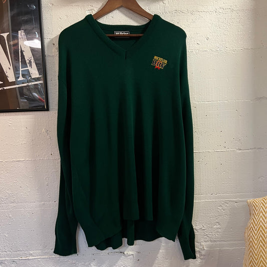 Vintage 80’s/90’s Embroidered McBriar Michelob Dry Knitted V-Neck Sweater - Size XL - Made In USA - Forest Green/Multi