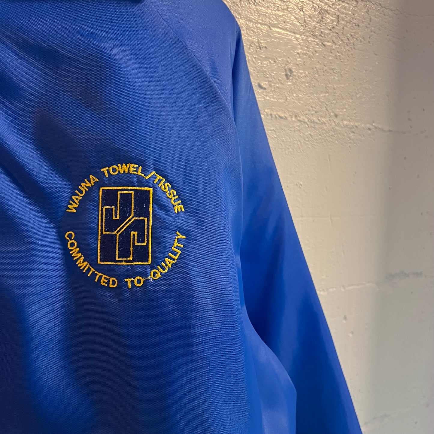 Vintage 90's Fold Down Collar Satin Bomber Jacket 'James River-Wauna Mill' - Size Large - Made In USA - Blue/Yellow