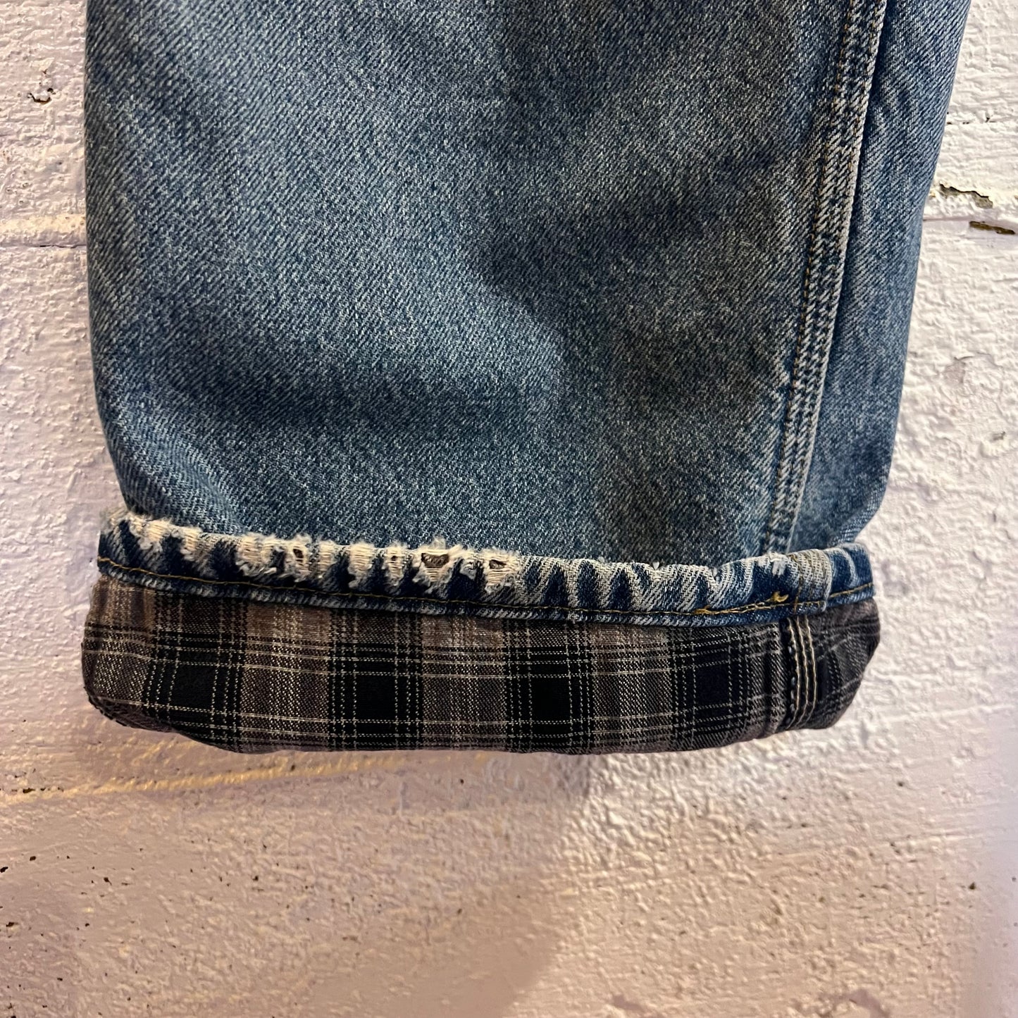 2000's Distressed Carhartt Flannel Lined Dungaree Fit Denim Carpenter Jeans - Size 31" x 34" - Light Wash Indigo - B236-DST