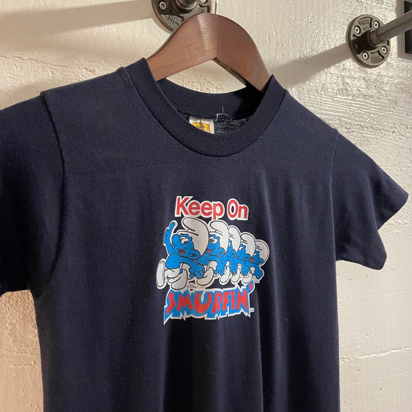 Vintage 1982 Velva Sheen ‘Keep On Smurfin’ Single Stitch Baby Tee - Size Youth Medium (10-12) - Made In USA - Navy
