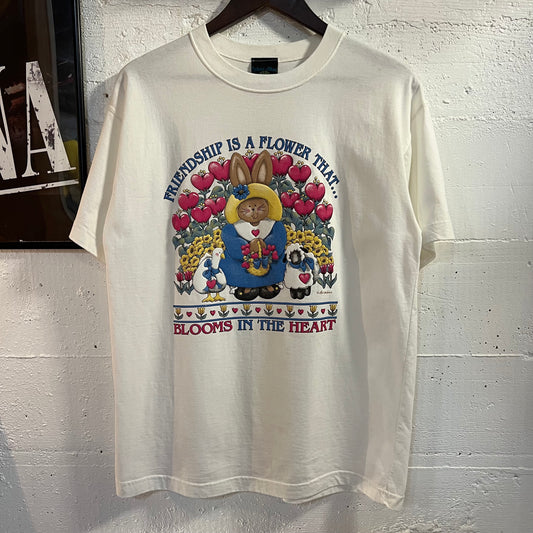 Vintage 90’s ‘Friendship Is A Flower’ Cute Bunny Puff Print T-Shirt - Size Large - Made In USA - White/Multicolor