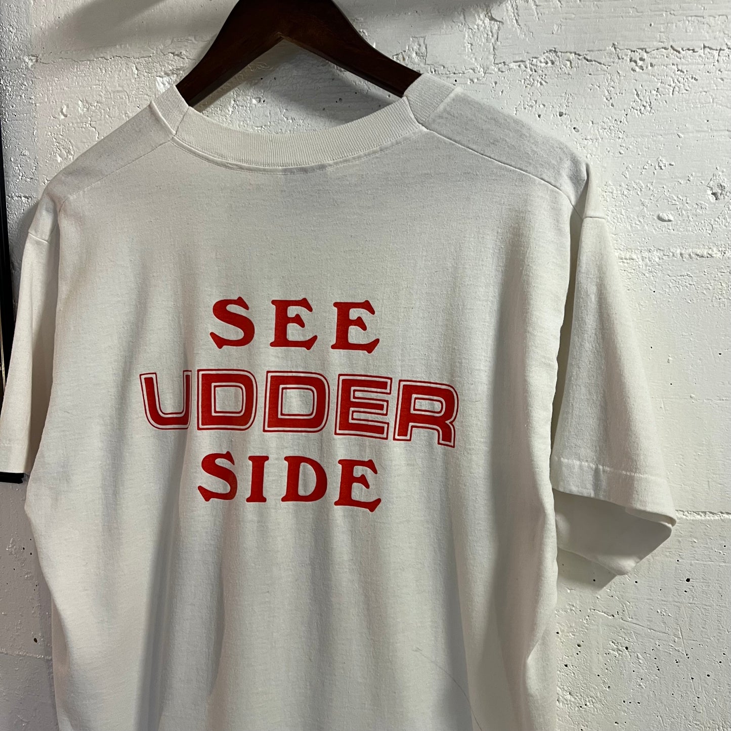 Vintage 80's Screen Stars Funny 'Get High On Milk' Single Stitch T-Shirt - Size XL - Made In USA - White/Red