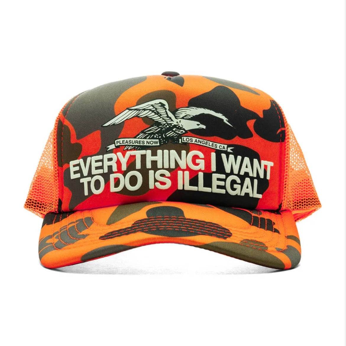 Pleasures 'Illegal' Duck Camo Mesh Back Trucker Hat - O/S - Blaze Orange