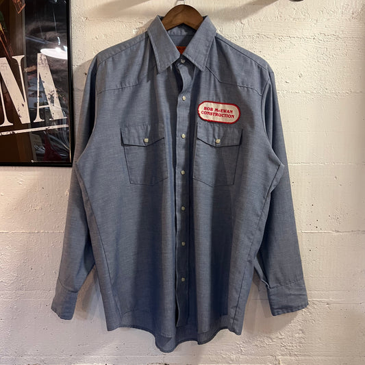 Vintage 70's/80's Red Kap Long Sleeve Chambray Western Yoke Pearl Snap Work Shirt - Size Large - Made In USA - Light Blue