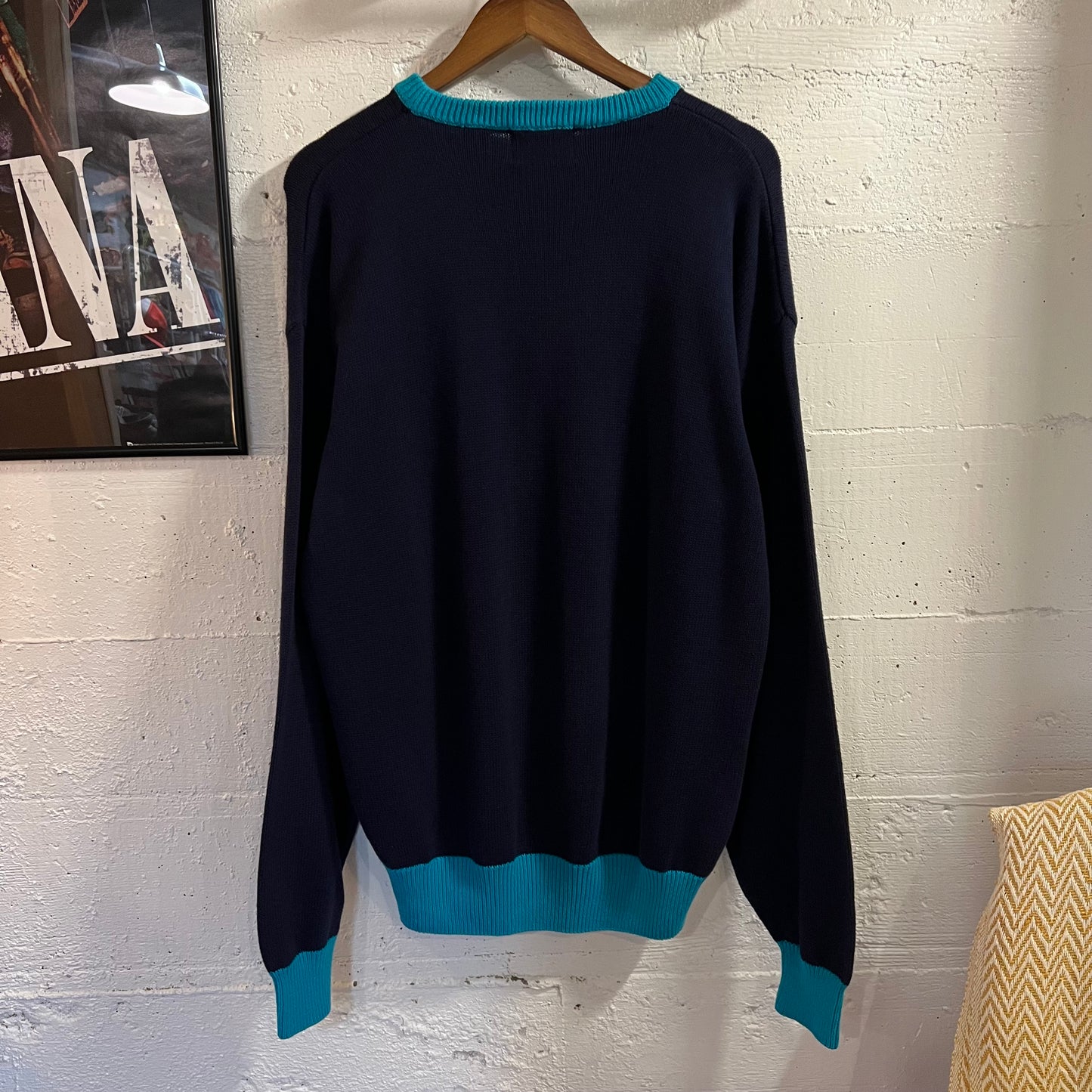 Vintage 80’s Mark Scot Geometric Plaid Pattern Knitted Sweater - Size Large - Navy/Turquoise/Pink/White