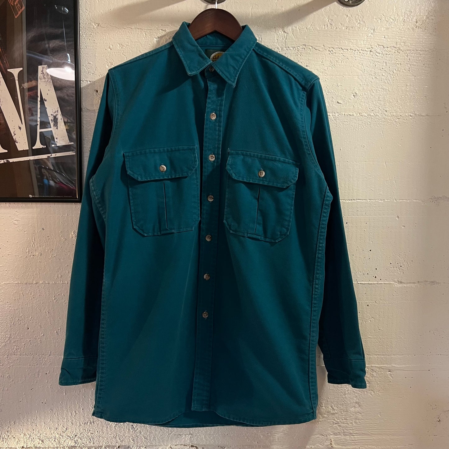 Vintage 90's Cabelas Chamois Cloth Button Up Flannel Shirt - Size Medium Tall - Made In USA - Turquoise - 100% Cotton