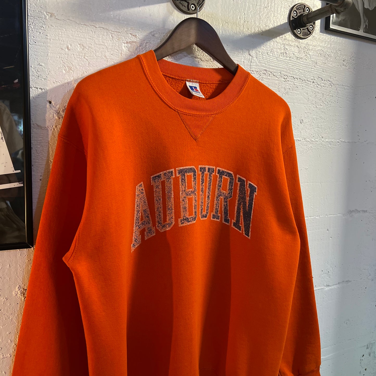 Vintage 1980's Auburn University Russell Athletic Distressed Crewneck Sweatshirt - Size Large - Made in USA - Orange/Navy