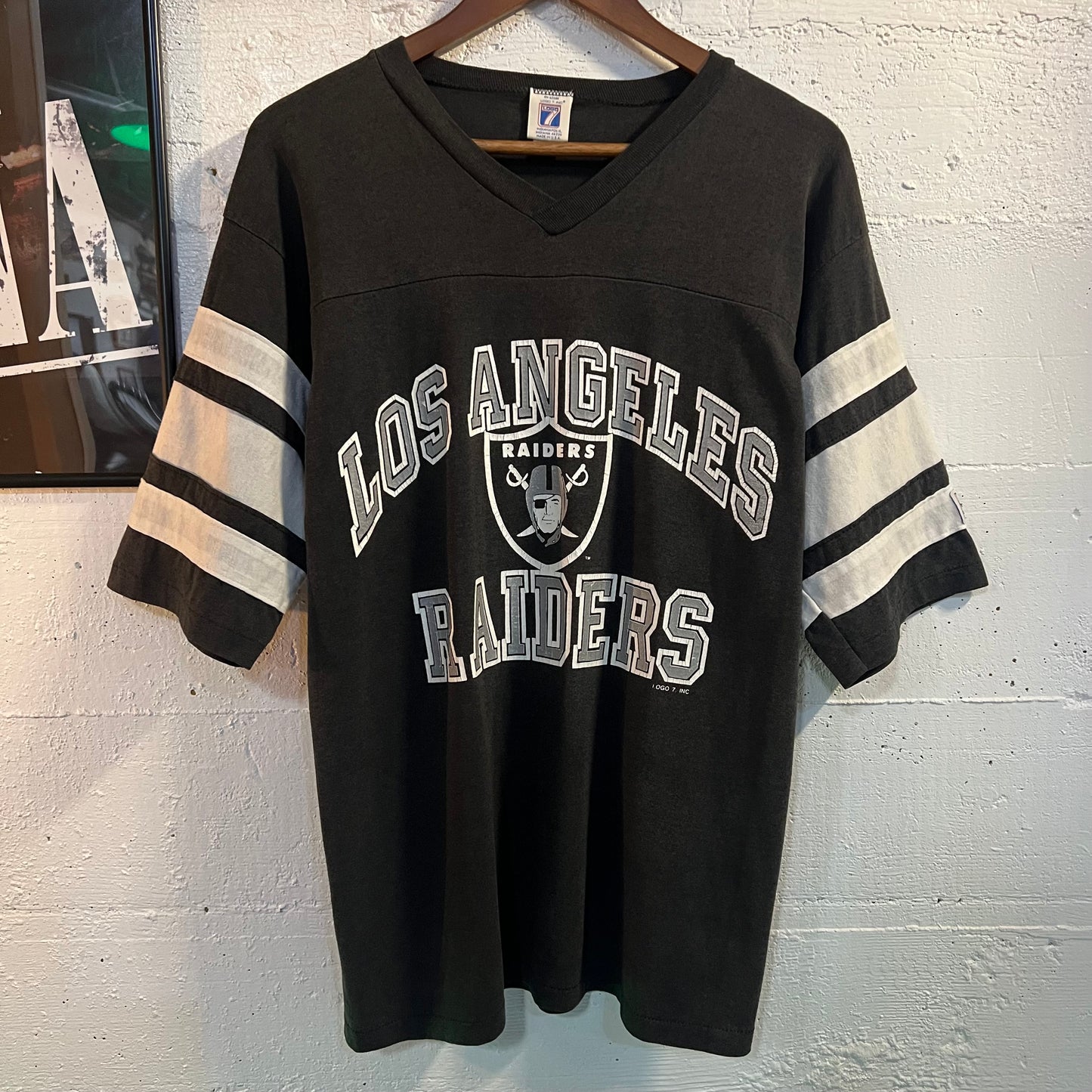 Vintage Logo 7 Los Angeles Raiders Jersey Style Single Stitch T-Shirt - Size Medium - Made In USA - Faded Black/White