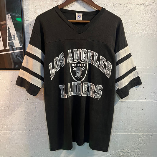 Vintage Logo 7 Los Angeles Raiders Jersey Style Single Stitch T-Shirt - Size Medium - Made In USA - Faded Black/White